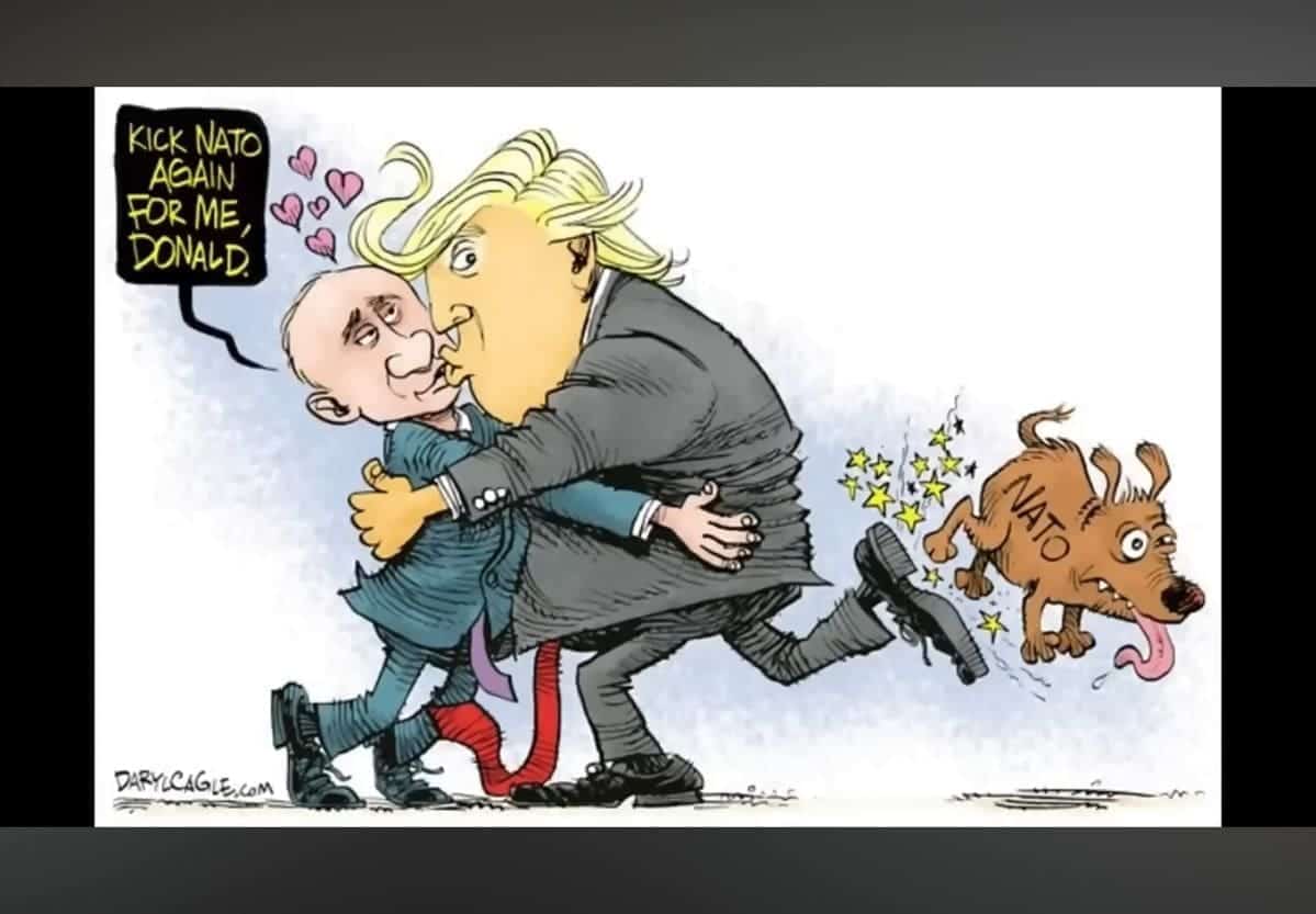 Trump hugging putin in a political cartoon