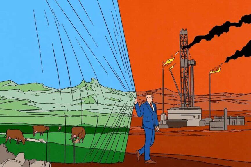 Keep them stupid a business man pulling a curtain showing a beautiful environment over an ugly factory