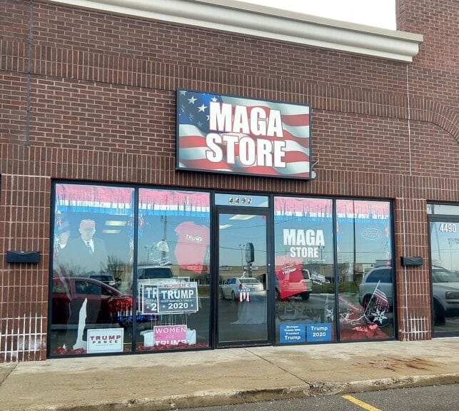 Signs of fascism. Democracy is being destroyed. Maga store in mmichigan